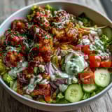 A colorful Buffalo Chicken Bowl over rice with spicy chicken, carrots, tomatoes, and cucumber slices.
