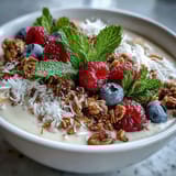 Bright pink Guava and Mango Smoothie Bowl topped with granola, fresh berries, and coconut flakes, served in a white ceramic bowl.