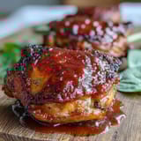 Golden-baked guava BBQ sauce chicken thighs served over white rice with a side salad.