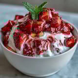 Strawberry compote drizzled over creamy Greek yogurt with a hint of honey, garnished with fresh mint leaves.