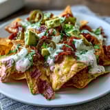 Soccer Game Day Nachos with Cheese Sauce served on a baking sheet, golden tortilla chips drenched in creamy melted cheddar and Monterey Jack.