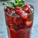 Refreshing Iced Hibiscus Berry Tea, bursting with colorful fruit and mint, served chilled.