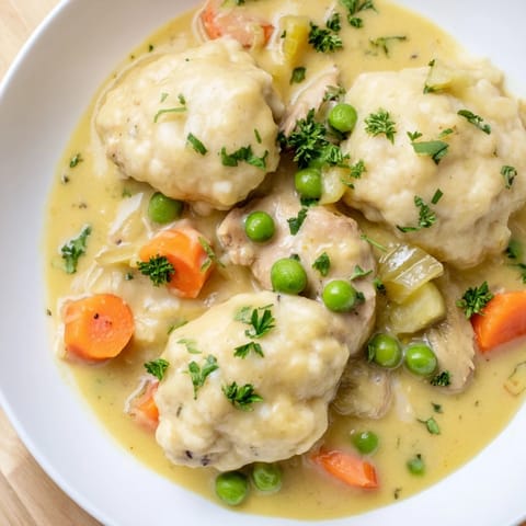 A close-up of a steaming bowl of chicken and dumplings with fresh parsley for garnish.