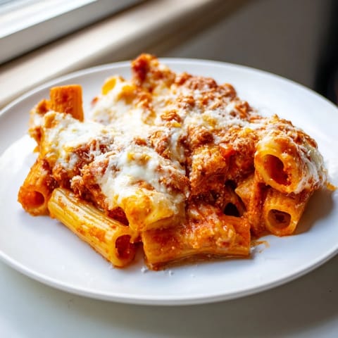 A close-up of cheesy Baked Ziti, showcasing the layers of pasta, ricotta, and melted mozzarella.