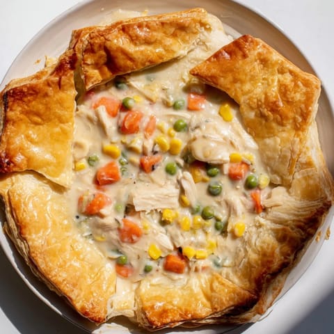 Steaming Chicken Pot Pie, with a beautifully browned crust, ready to enjoy for dinner tonight.