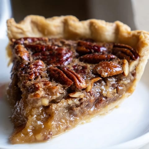 Freshly baked pecan pie with a glistening, caramelized topping, perfect for dessert tonight.