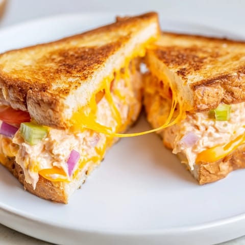 Sliced Spicy Tuna Melt sandwich served on a plate with a side of dill pickles for a classic lunch.