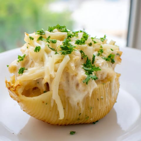 Golden-brown baked Chicken Alfredo Stuffed Shells in a white dish, garnished with fresh parsley, ready to serve.
