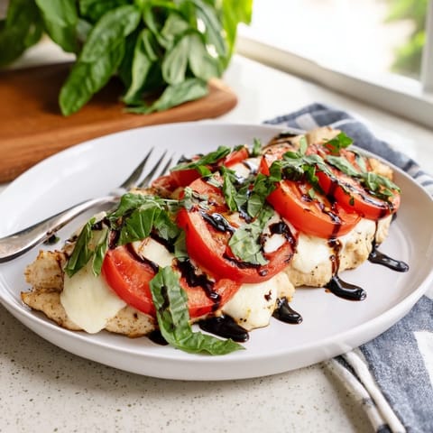 Top-down view of a Caprese Chicken Skillet, with juicy chicken breasts layered with creamy mozzarella, bright tomatoes, and a drizzle of dark balsamic glaze.