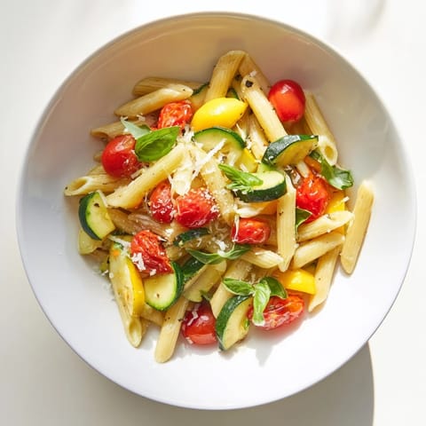 Garden Veggie Pasta tossed with vibrant summer vegetables, fresh basil, and a light garlic olive oil sauce, served in a white bowl.