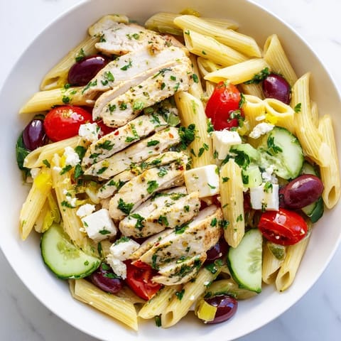 A close-up of a chilled Greek Chicken Pasta Bowl, tossing penne with red onions, parsley, and a zesty olive oil dressing.