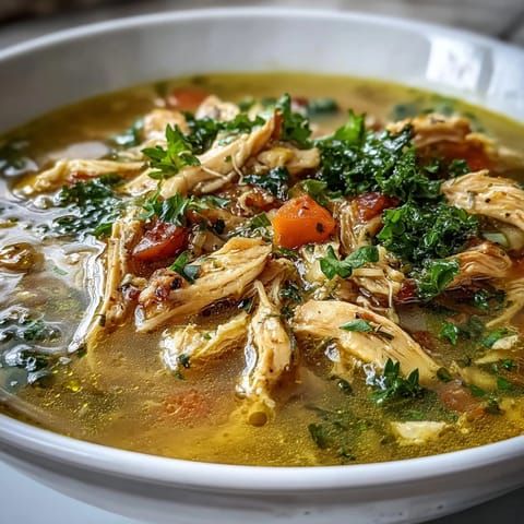 A steaming bowl of High Protein Lemon and Turmeric Chicken Soup garnished with fresh parsley and lemon wedges.