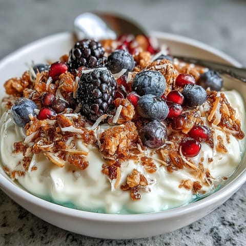 Cozy yogurt bowl featuring colorful berries and a warm, crunchy topping.