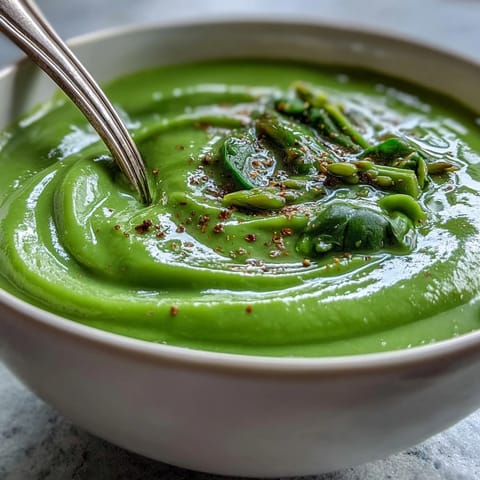 The vibrant green, creamy Big Green Immunity-Boosting Vegetable Soup is garnished with spinach leaves and a light olive oil drizzle.