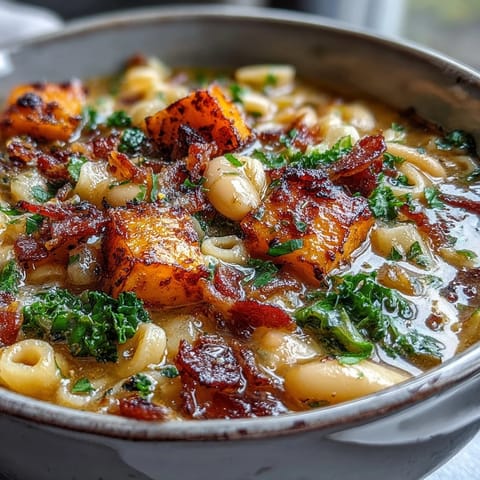 Fall Minestrone soup steaming in a rustic bowl, featuring butternut squash and kale, topped with pancetta and Parmesan cheese.
