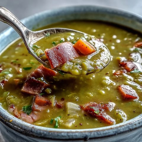 A warm bowl of Split Pea and Ham Soup, garnished with fresh thyme and a meaty ham chunk.