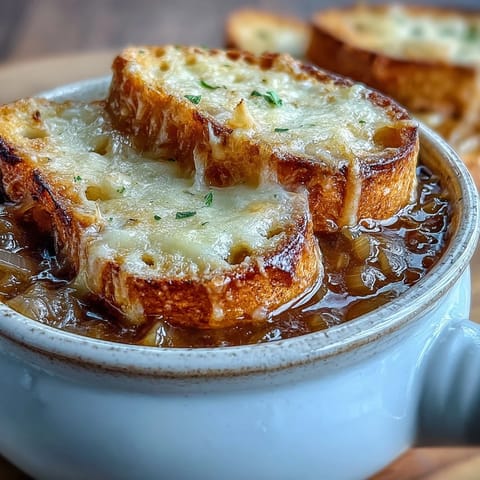 Golden, crispy baguette slices top this comforting Dutch Oven French Onion Soup, served steaming hot.