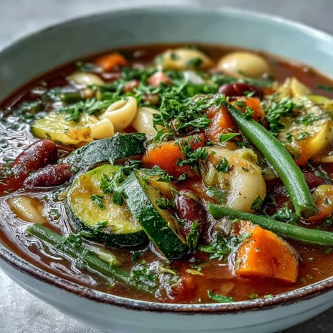 Hearty Italian Minestrone Soup simmering in a large pot, featuring diced carrots, zucchini, kidney beans, and fresh parsley. 