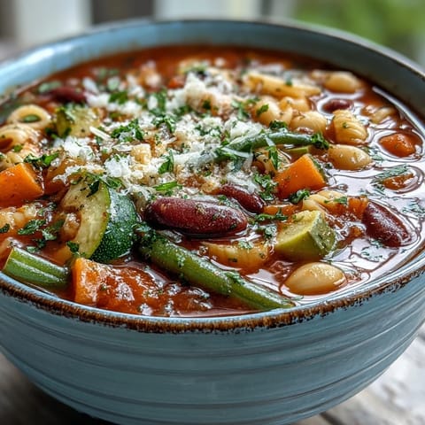 Hearty Minestrone Soup in a white bowl featuring fresh spinach and colorful diced vegetables.