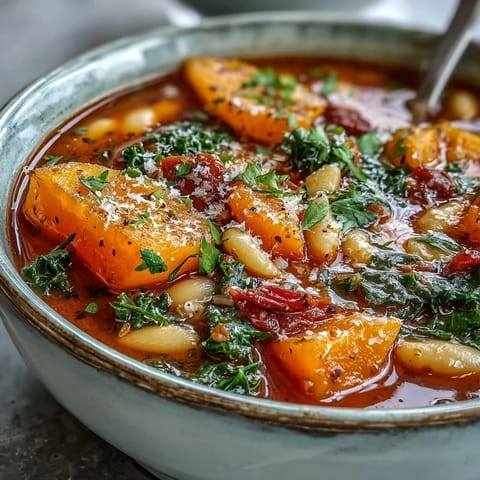 A bowl of Winter Minestrone Soup With Butternut Squash and Kale, featuring tender beans, pasta, and vibrant greens in a rich tomato broth.