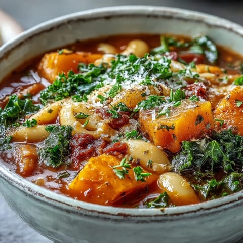 Steaming Winter Minestrone Soup With Butternut Squash and Kale served in a rustic bowl, garnished with fresh parsley and Parmesan cheese.