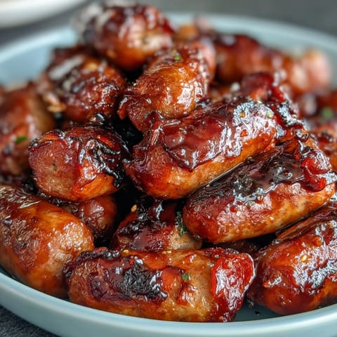 Smoky cocktail sausages simmer in tangy Crock Pot BBQ sauce with apricot jam, served warm with toothpicks.