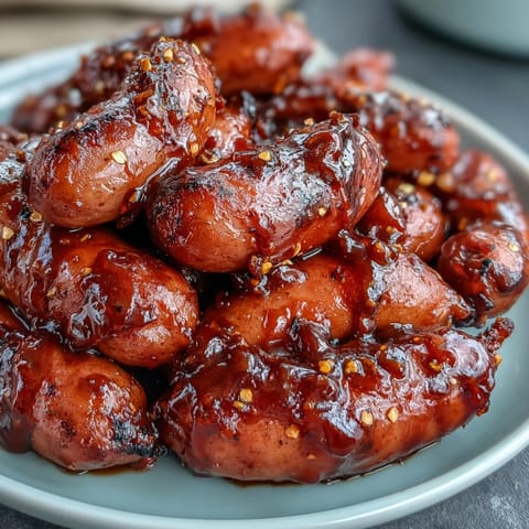 Golden Crock Pot BBQ Cocktail Sausages glaze in sweet apricot barbecue sauce, bubbling as a perfect game-day appetizer.