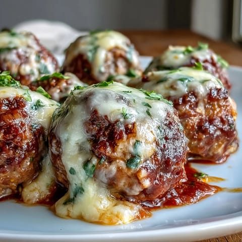 A close-up of bubbling Cheesy, Garlicky Meatballs With Marinara sauce in a skillet, perfect for gluten-free pasta.