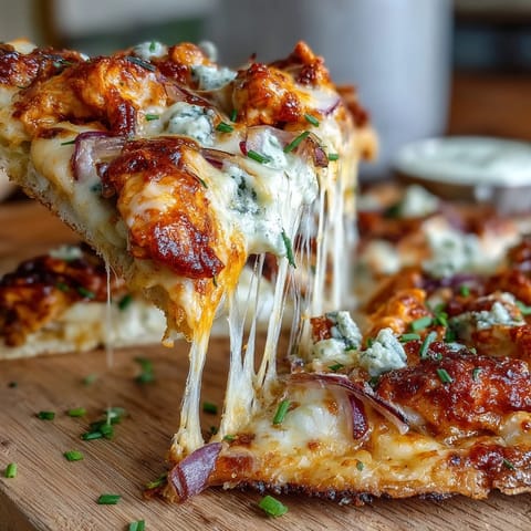 Golden Buffalo Chicken Pizza with melted mozzarella and cheddar, fresh chives, and red onion slices on a rustic board.