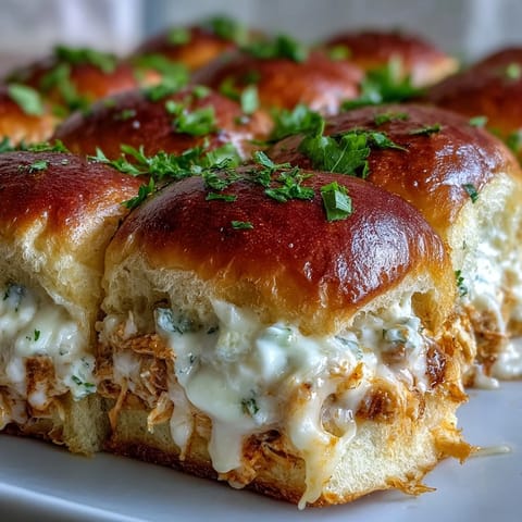 Golden slider buns brushed with garlic butter hold a creamy, spicy Buffalo chicken pizza dip.