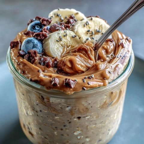 Stirred High-Protein Peanut Butter Overnight Oats in a bowl with fresh berries and a drizzle of honey for a quick breakfast.