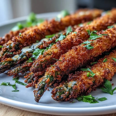 Golden-baked Crispy Asparagus Asiago Spears with a crunchy panko crust, served hot with lemon wedges and creamy dip.