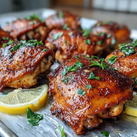 Freshly baked bone-in chicken thighs with golden crackling skin are arranged on a wire rack for maximum crispiness.
