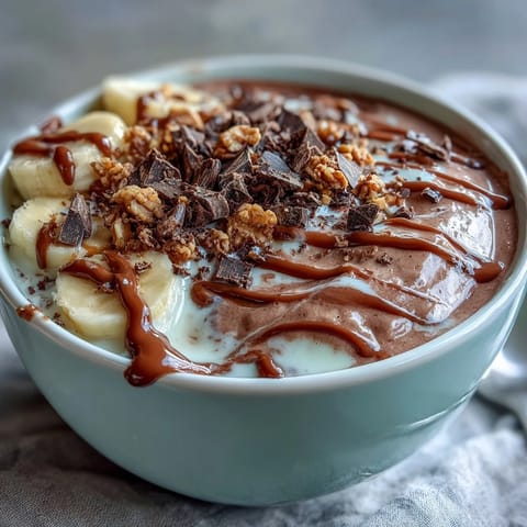 Thick and creamy Chocolate Peanut Butter Smoothie Bowl with chopped dark chocolate and crunchy granola in a white bowl.