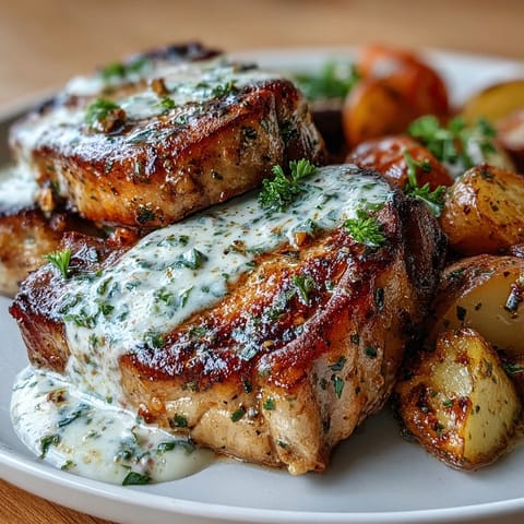 Golden-seared Crockpot Ranch Pork Chops served over tender potatoes and carrots in a velvety ranch sauce.
