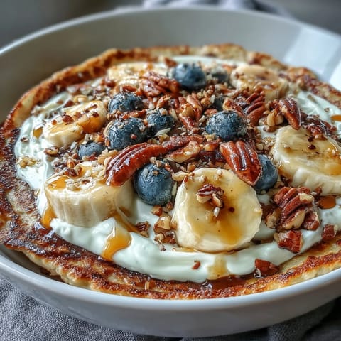 Golden-brown Protein Pancake Bowl filled with warm oats, banana, and topped with Greek yogurt, fresh berries, and honey.