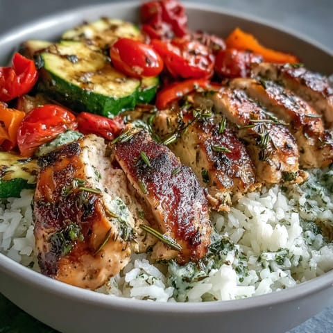 A close-up of Lemon Herb Roasted Chicken Bowl with golden chicken, colorful roasted vegetables, and fluffy rice drizzled with lemon dressing.