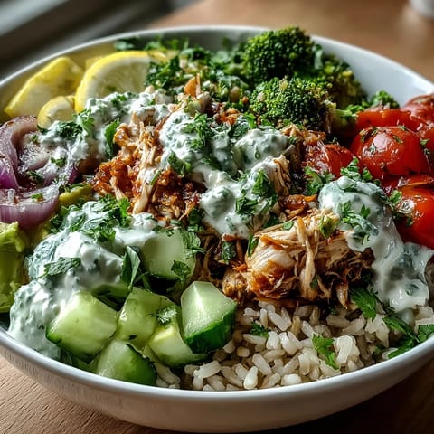 Tender shredded rotisserie chicken, fresh cherry tomatoes, and creamy avocado sit atop fluffy brown rice, ready for a quick weeknight dinner bowl.