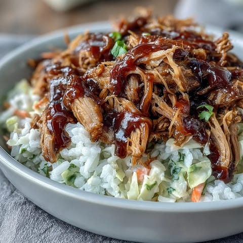 Tender, slow-cooked pulled pork bowl piled high with fluffy rice, tangy coleslaw, and drizzled with smoky BBQ sauce.