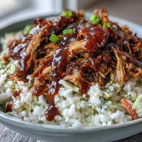 Hearty pulled pork bowl featuring succulent shreds of meat over rice, topped with creamy slaw and a bold barbecue drizzle.