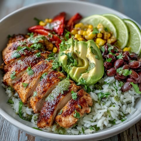 Golden Cajun-spiced chicken slices rest on fluffy white rice with colorful peppers, black beans, and sweet corn in a bowl.