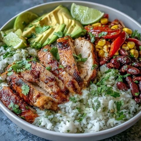 A zesty Cajun Chicken Bowl topped with creamy avocado slices, fresh cilantro, and bright lime wedges ready for serving.