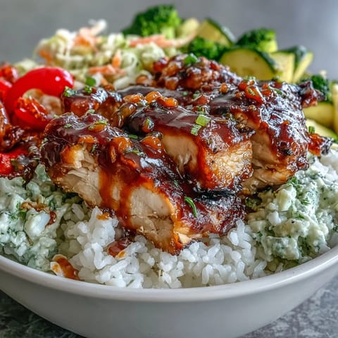 Golden BBQ-glazed chicken slices glisten atop fluffy white rice, alongside crisp coleslaw and colorful roasted vegetables.