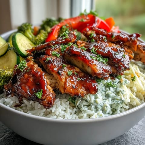 Hearty BBQ Chicken Bowl with tender chicken, rice, crunchy slaw, and roasted veggies, perfect for a satisfying family dinner.