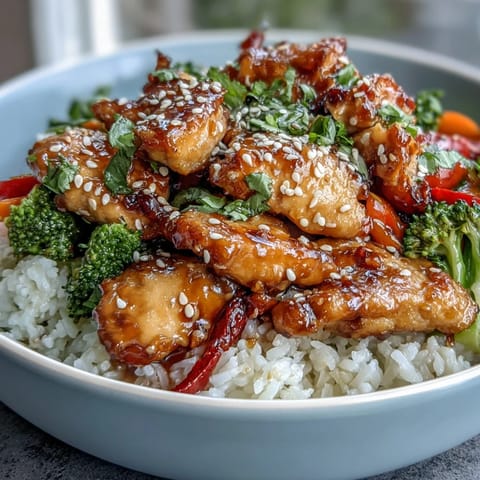 Tender honey garlic chicken glazed in sweet sauce over fluffy rice with broccoli and carrots in a bowl.
