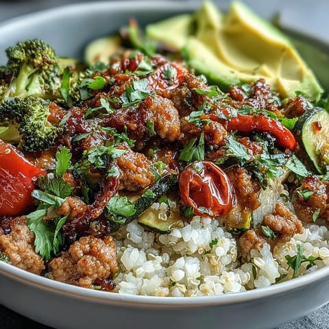 A wholesome Ground Turkey Bowl with caramelized veggies, fluffy quinoa, and a squeeze of lime for a bright, satisfying meal.
