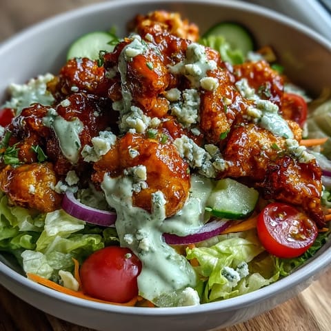 A topped bowl of Buffalo Chicken Bowl with creamy ranch, blue cheese crumbles, and crisp vegetables.