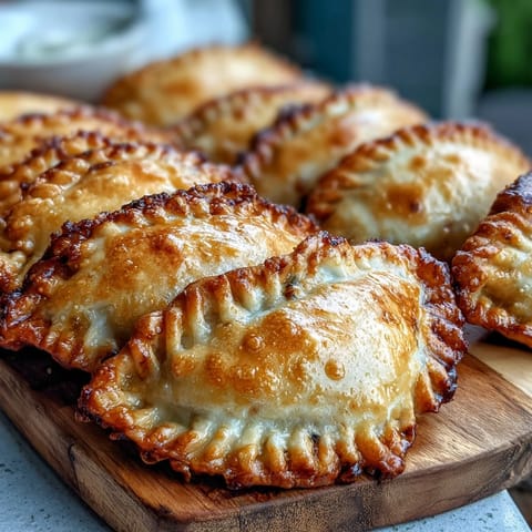 Golden-brown air-fried Guava and Cheese Empanadas dusted with powdered sugar on a rustic wooden board.