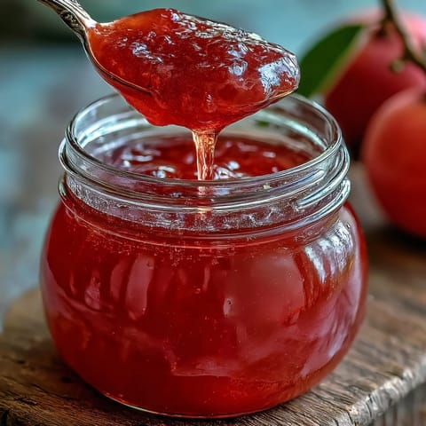 Shimmering pink guava jelly glistens in a glass jar, ready for toast.
