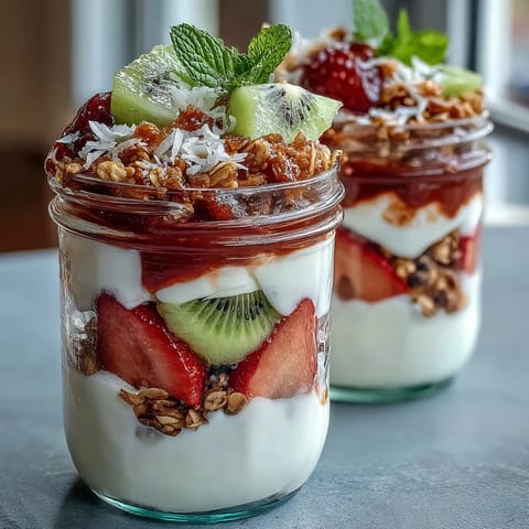 Clear glass jar showcasing vibrant guava parfait with fresh fruit, mint garnish, and coconut flakes.